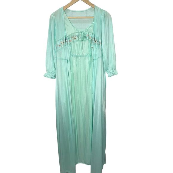 Vintage Texsheen Peignoir Nightgown Set Teal Blue Size M Shiny Long Floral 60/70 - Picture 2 of 14
